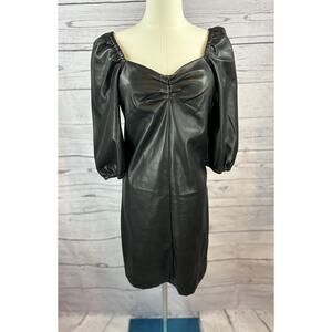 Q2 Faux Leather Mini Dress Womens Large Black Puff Sleeve Sweetheart Neck